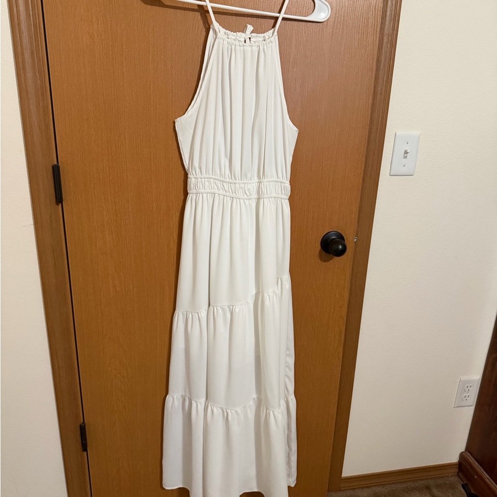 SHEIN Cream High-Neck Tiered Maxi Dress